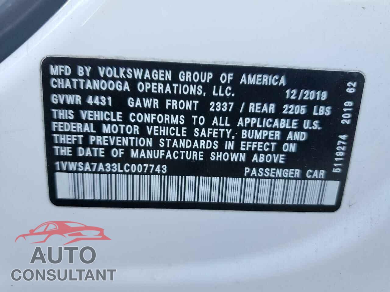 VOLKSWAGEN PASSAT 2020 - 1VWSA7A33LC007743