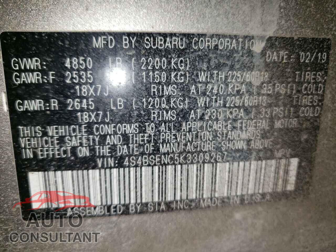 SUBARU OUTBACK 2019 - 4S4BSENC5K3309267