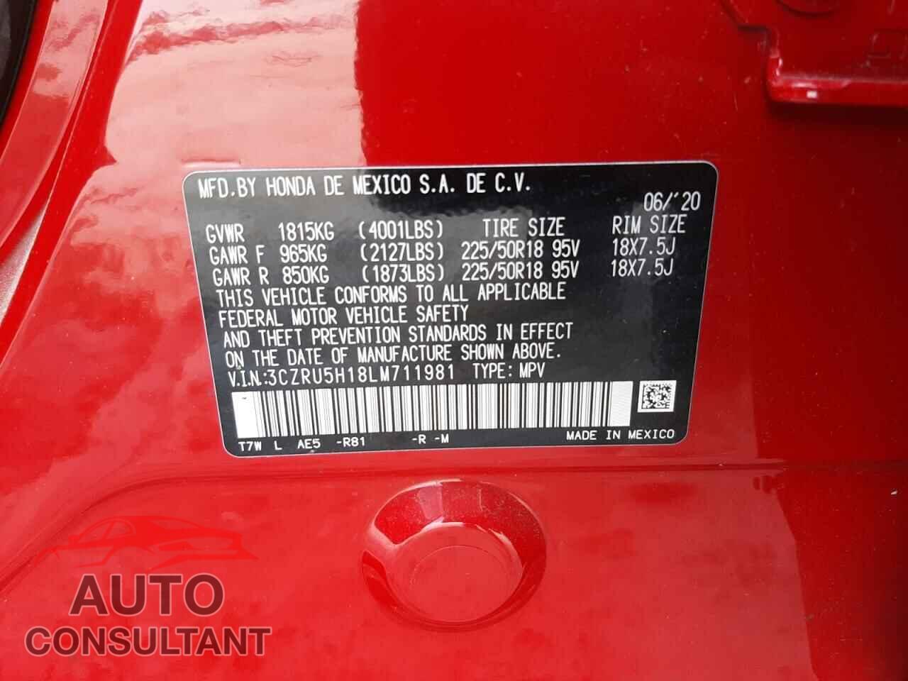 HONDA HR-V 2020 - 3CZRU5H18LM711981