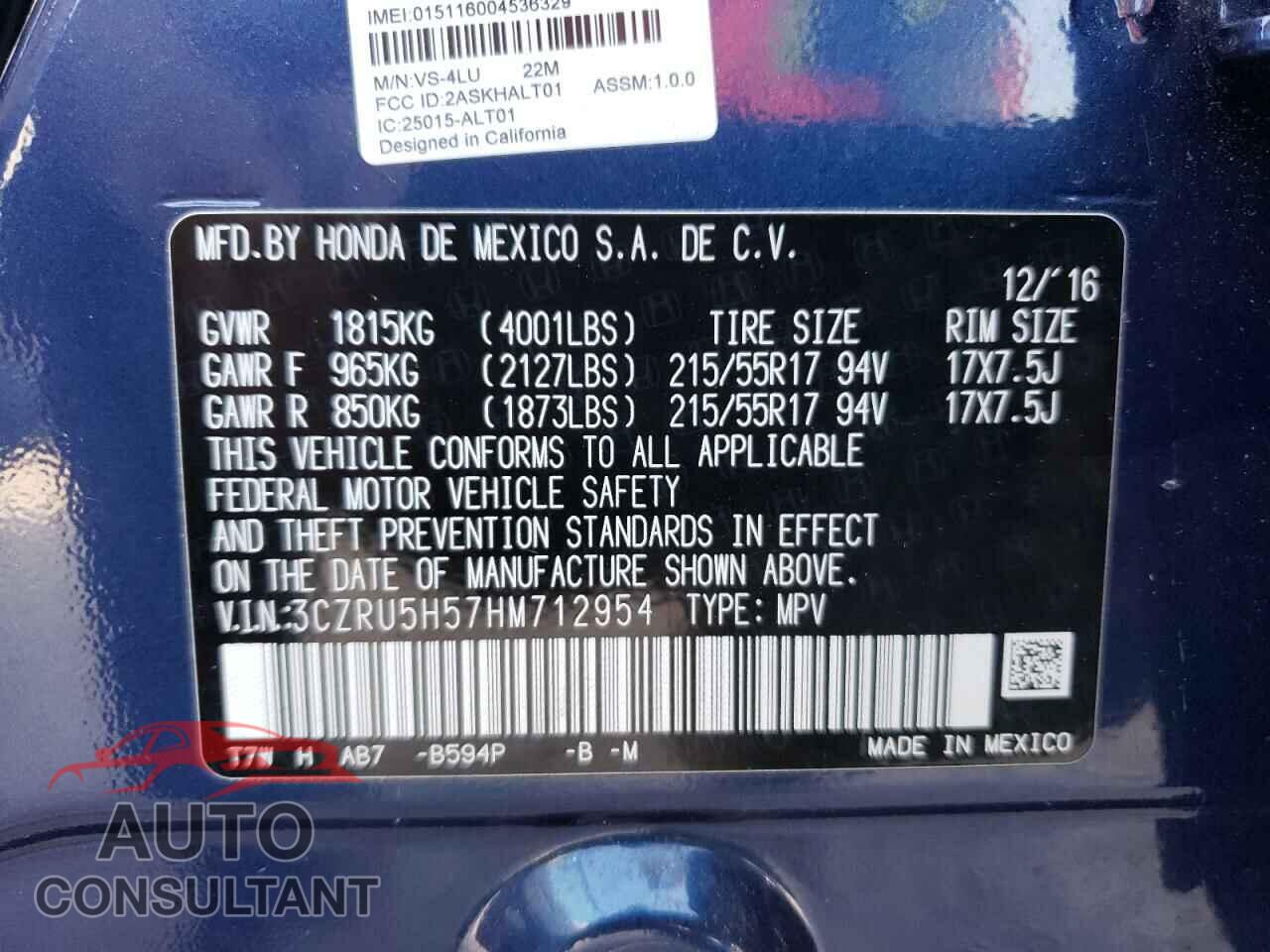 HONDA HR-V 2017 - 3CZRU5H57HM712954