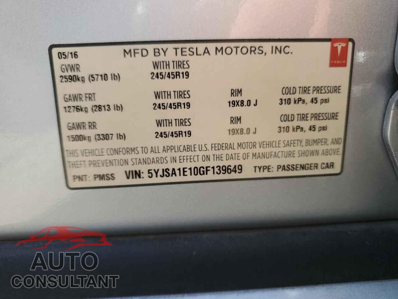 TESLA MODEL S 2016 - 5YJSA1E10GF139649
