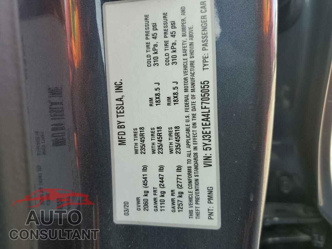 TESLA MODEL 3 2020 - 5YJ3E1EA4LF705055