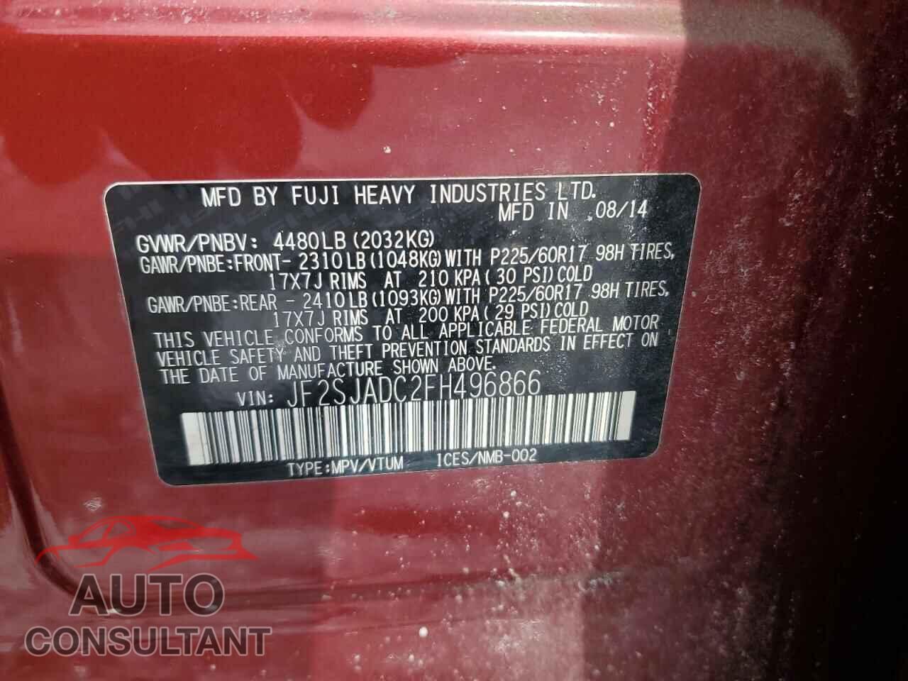 SUBARU FORESTER 2015 - JF2SJADC2FH496866