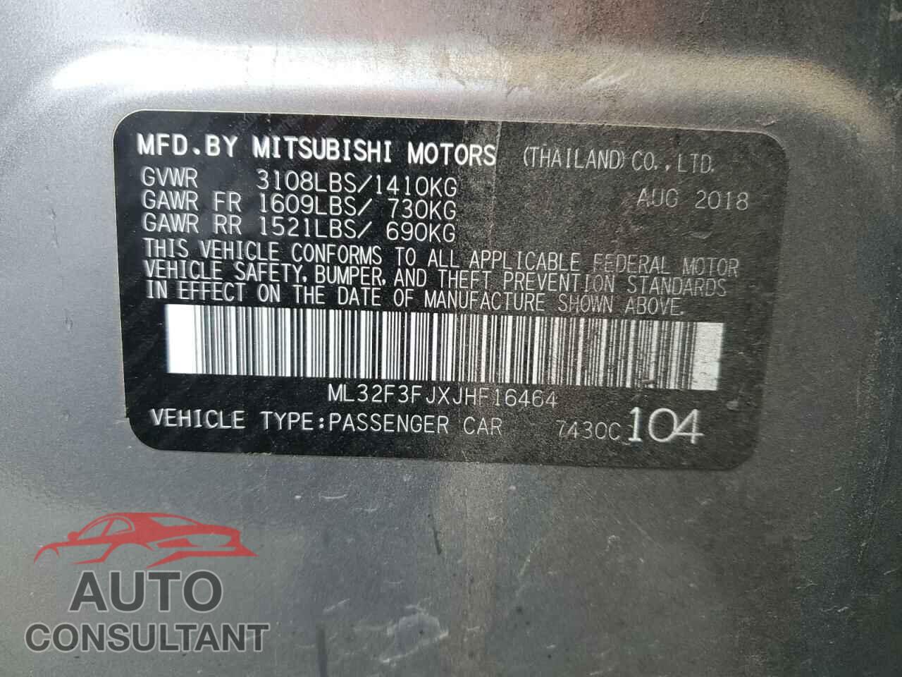 MITSUBISHI MIRAGE 2018 - ML32F3FJXJHF16464
