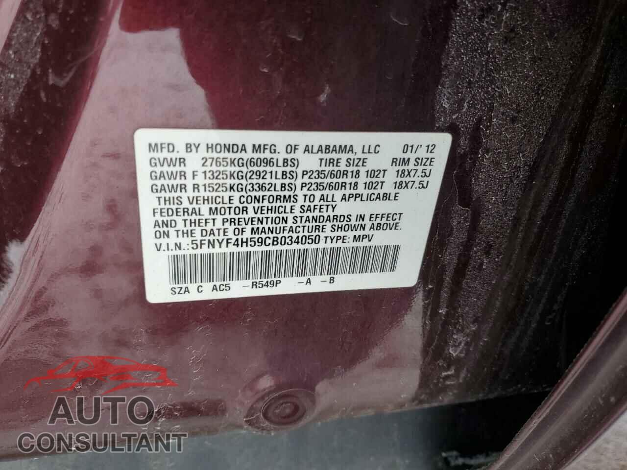 HONDA PILOT 2012 - 5FNYF4H59CB034050