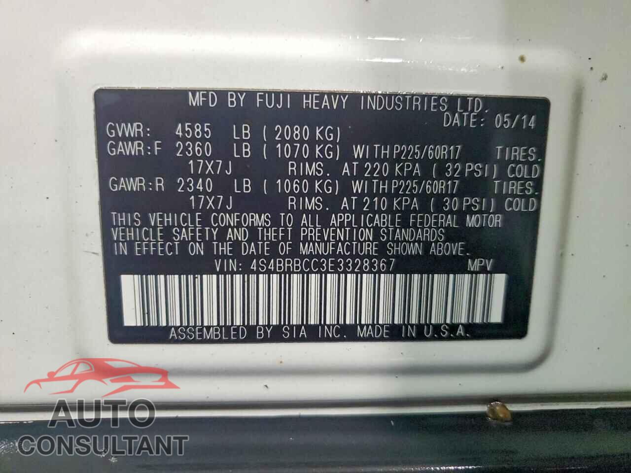 SUBARU OUTBACK 2014 - 4S4BRBCC3E3328367
