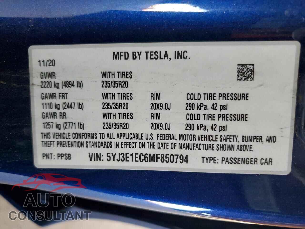 TESLA MODEL 3 2021 - 5YJ3E1EC6MF850794