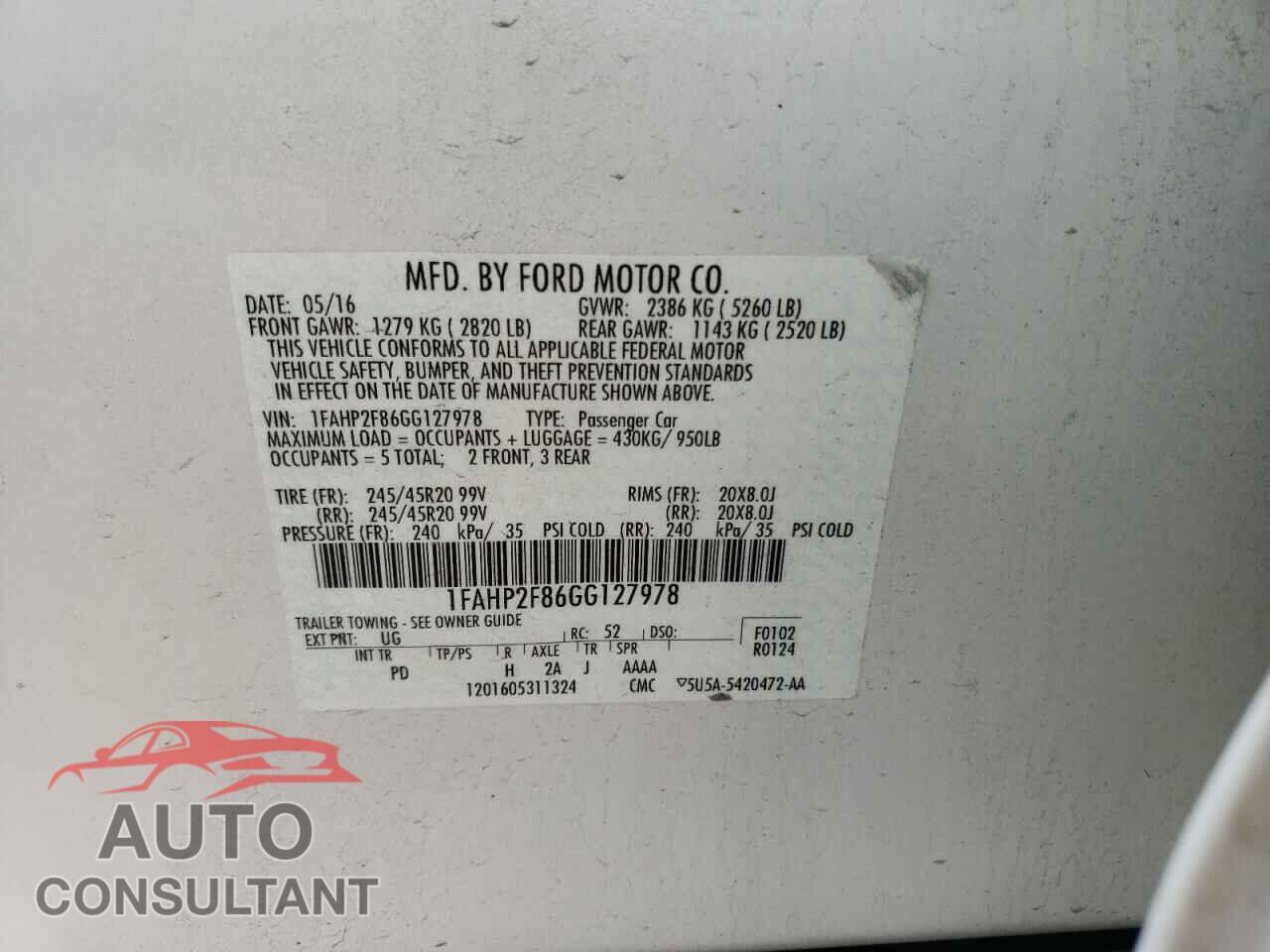 FORD TAURUS 2016 - 1FAHP2F86GG127978