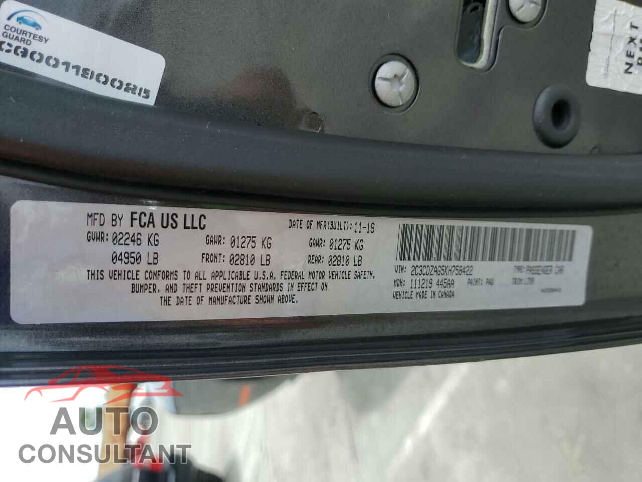 DODGE CHALLENGER 2019 - 2C3CDZAG5KH758422