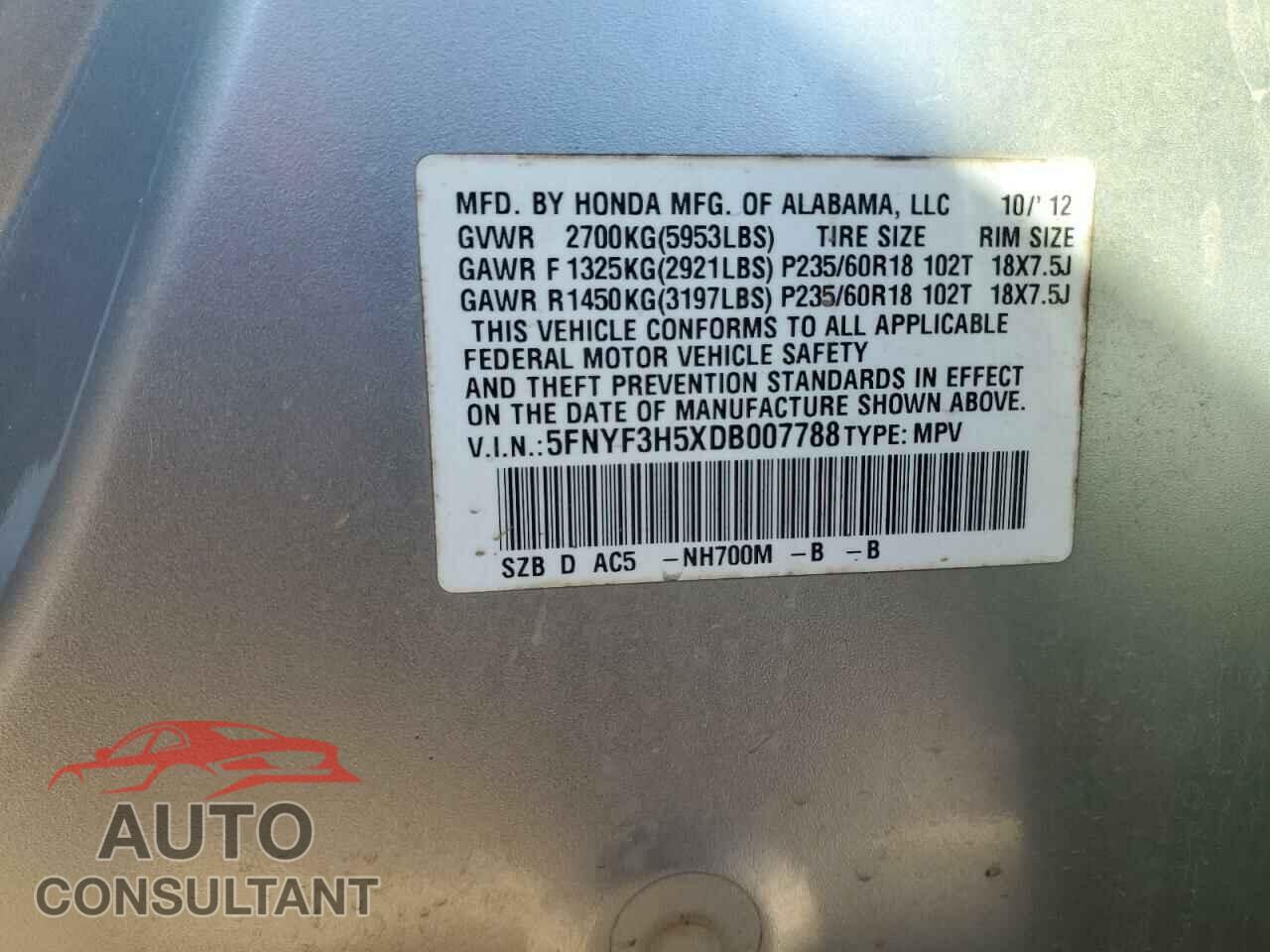 HONDA PILOT 2013 - 5FNYF3H5XDB007788