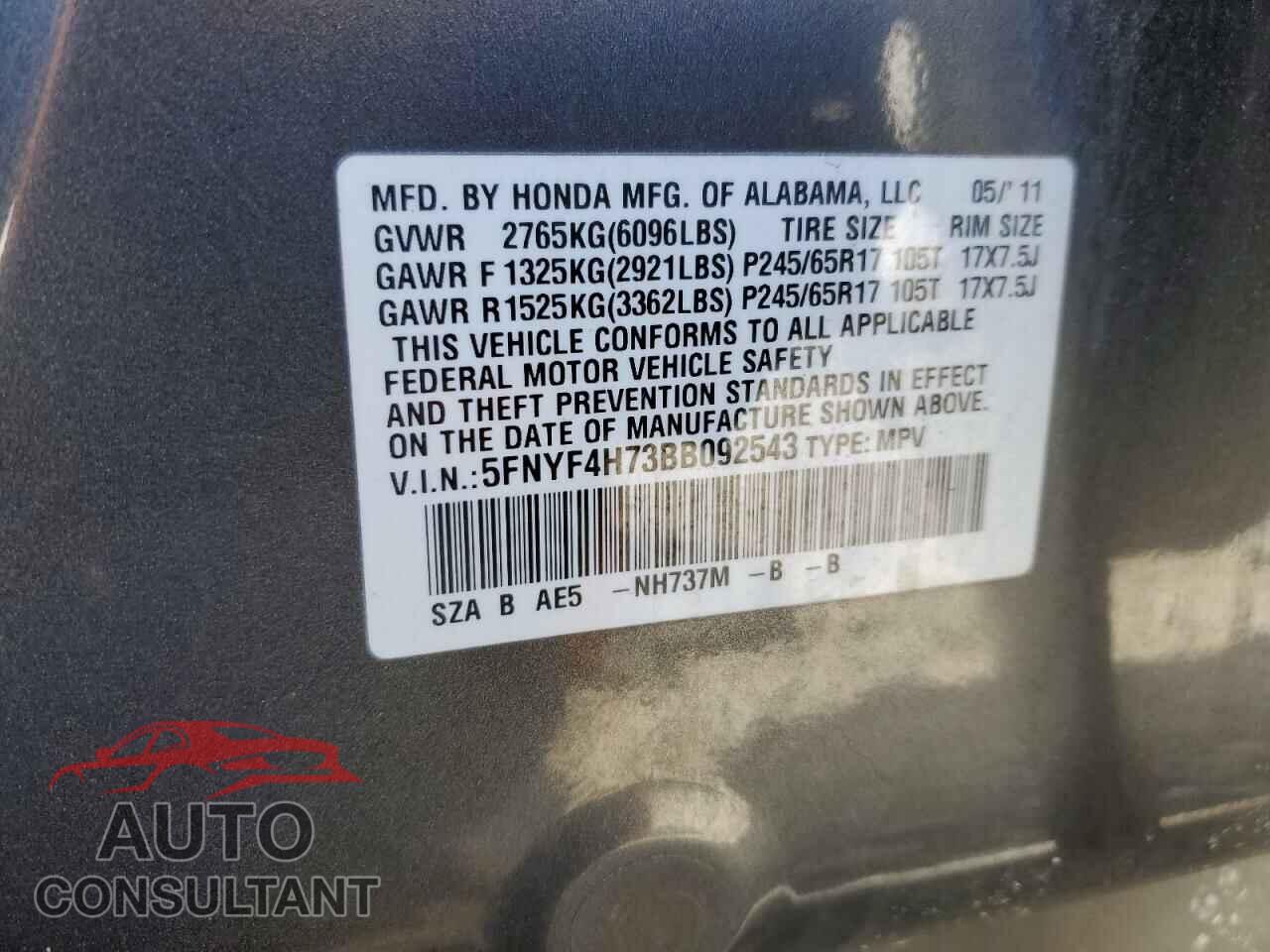 HONDA PILOT 2011 - 5FNYF4H73BB092543