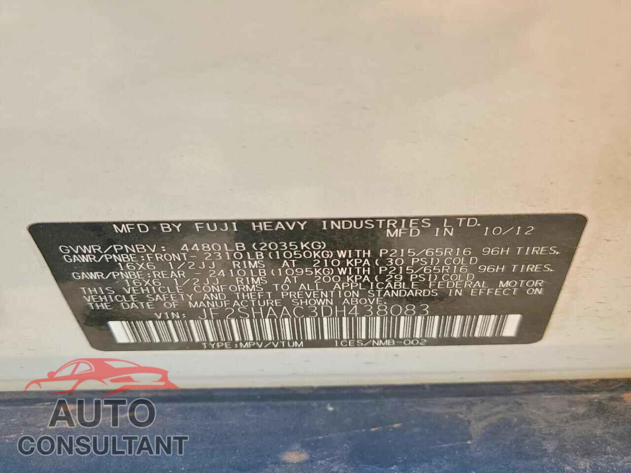 SUBARU FORESTER 2013 - JF2SHAAC3DH438083