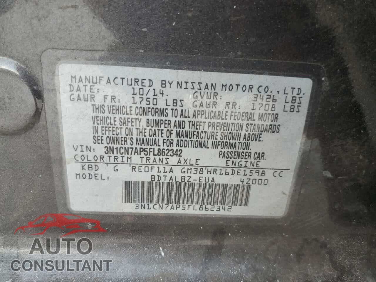 NISSAN VERSA 2015 - 3N1CN7AP5FL862342