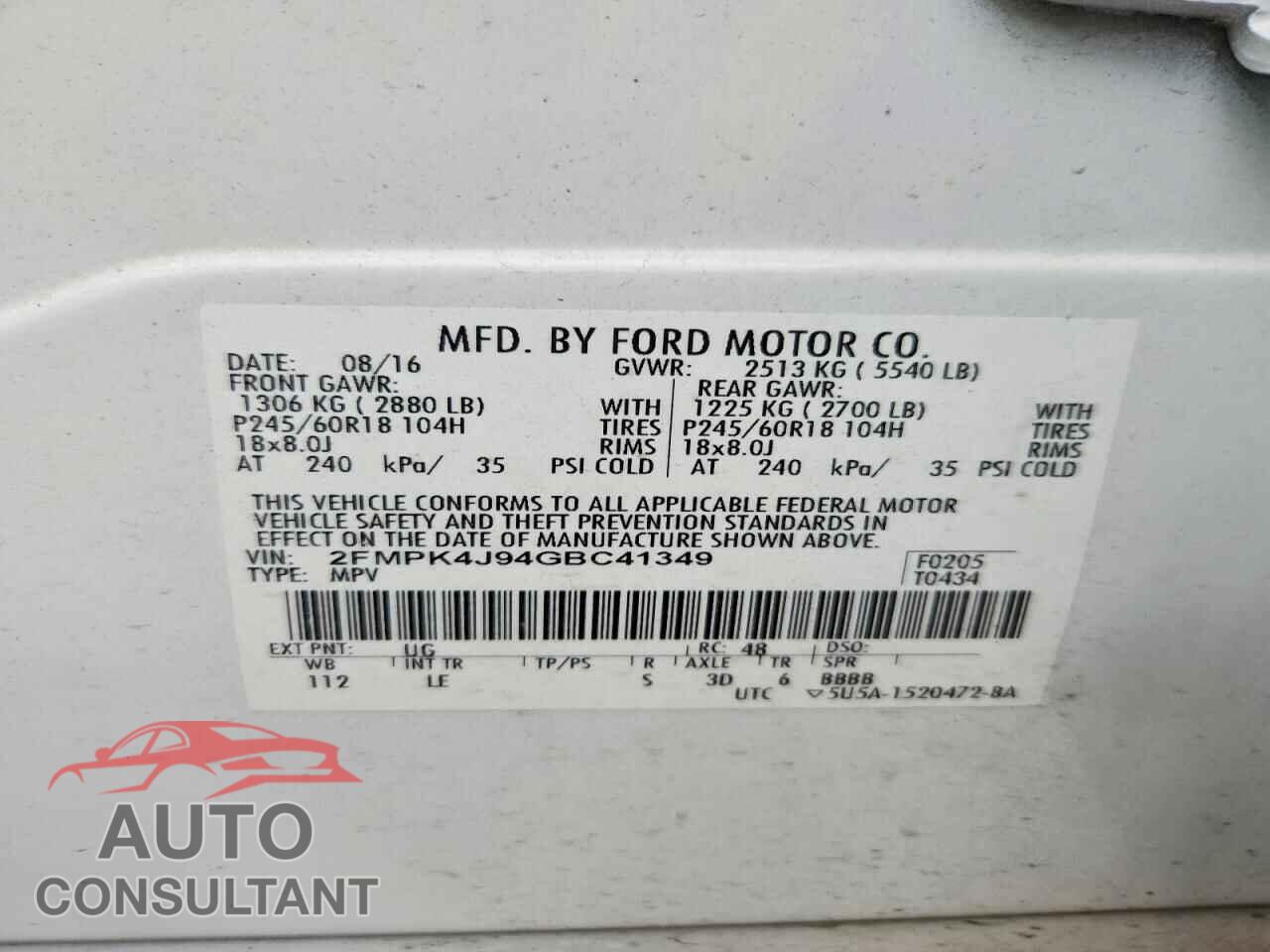 FORD EDGE 2016 - 2FMPK4J94GBC41349