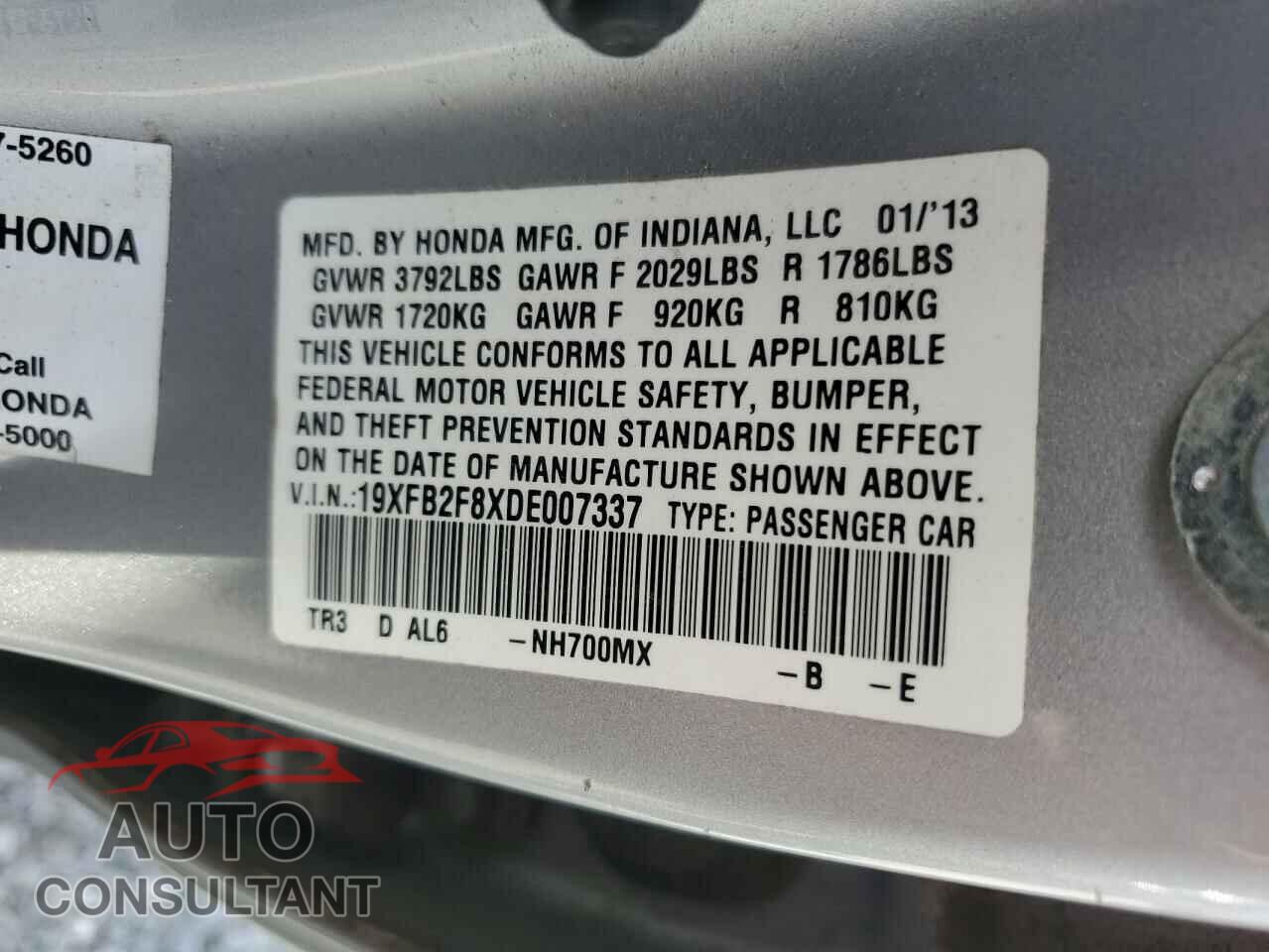 HONDA CIVIC 2013 - 19XFB2F8XDE007337
