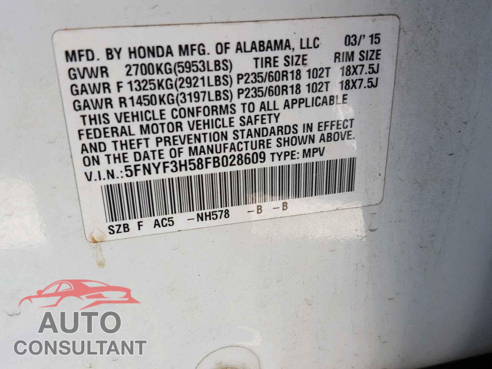 HONDA PILOT EXL 2015 - 5FNYF3H58FB028609
