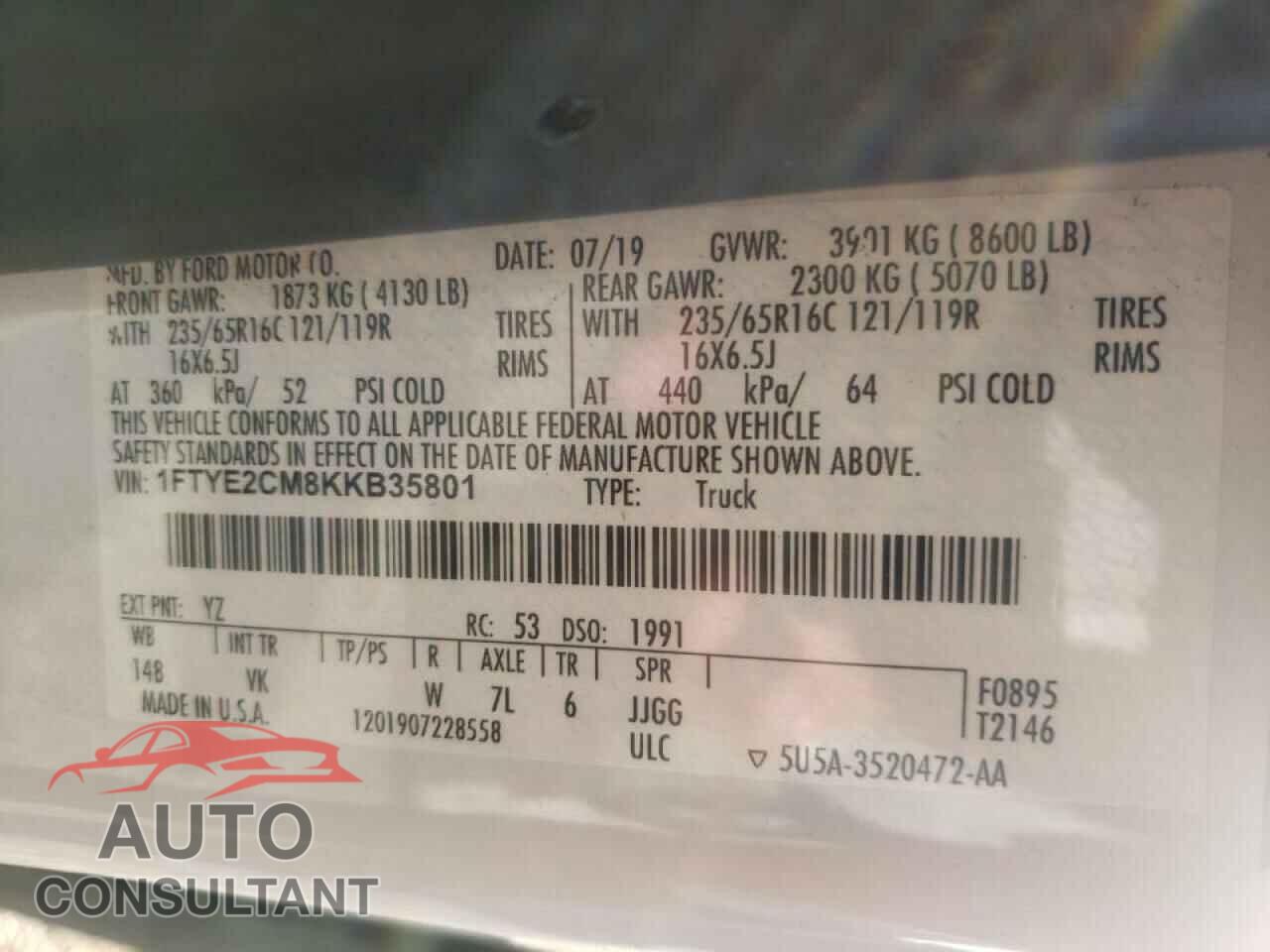 FORD TRANSIT CO 2019 - 1FTYE2CM8KKB35801
