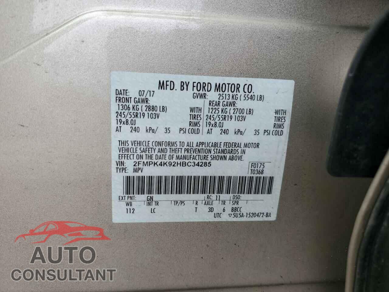 FORD EDGE 2017 - 2FMPK4K92HBC34285