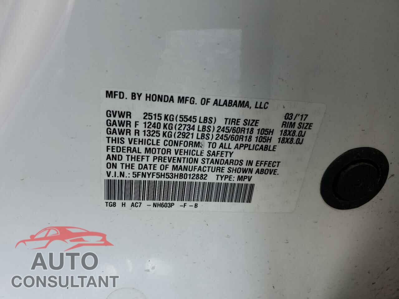 HONDA PILOT 2017 - 5FNYF5H53HB012882
