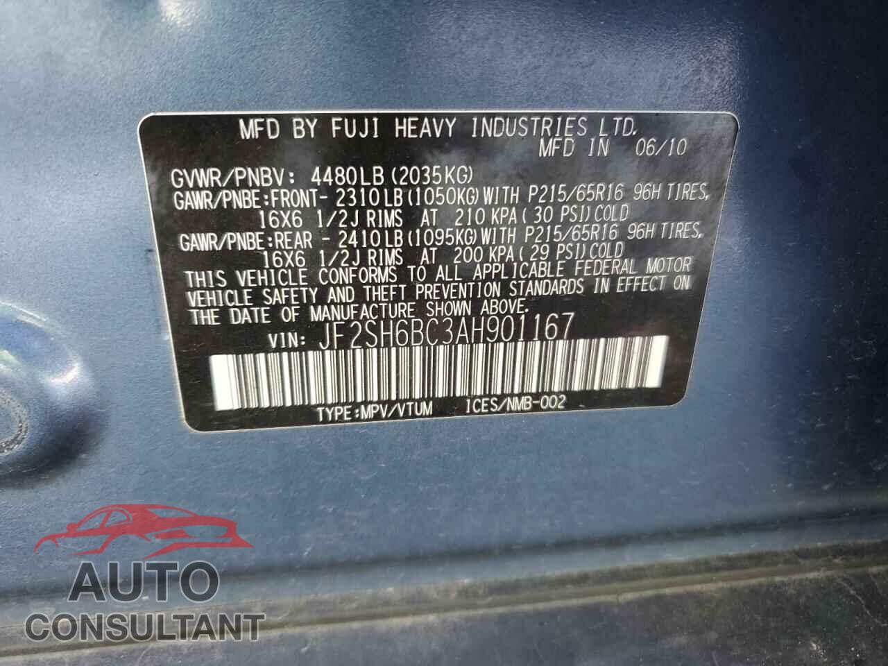 SUBARU FORESTER 2010 - JF2SH6BC3AH901167