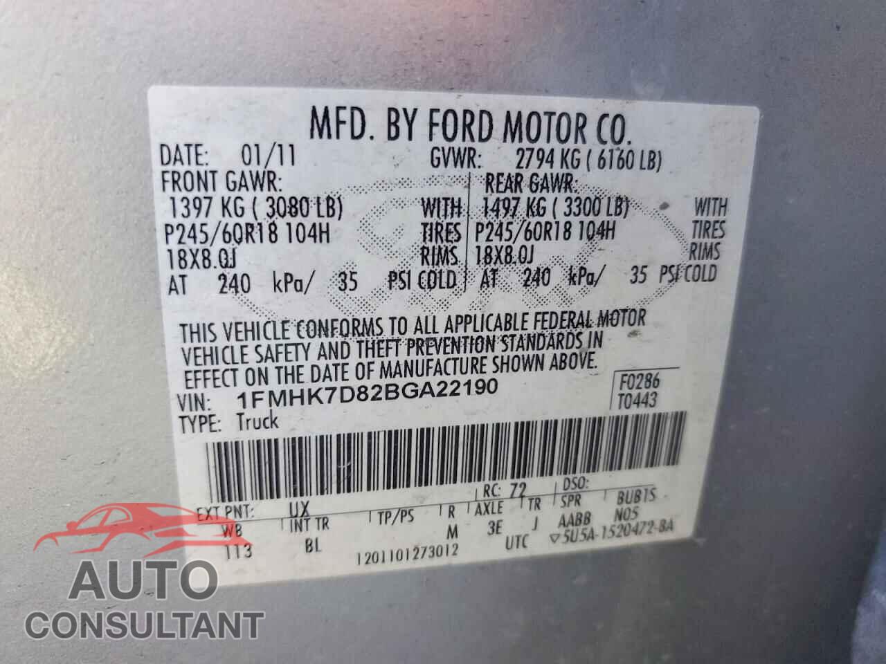 FORD EXPLORER 2011 - 1FMHK7D82BGA22190