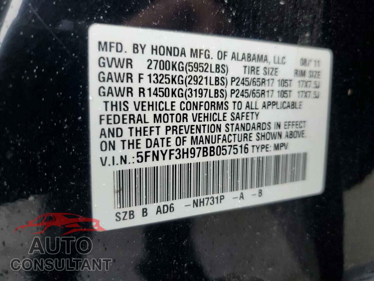 HONDA PILOT 2011 - 5FNYF3H97BB057516