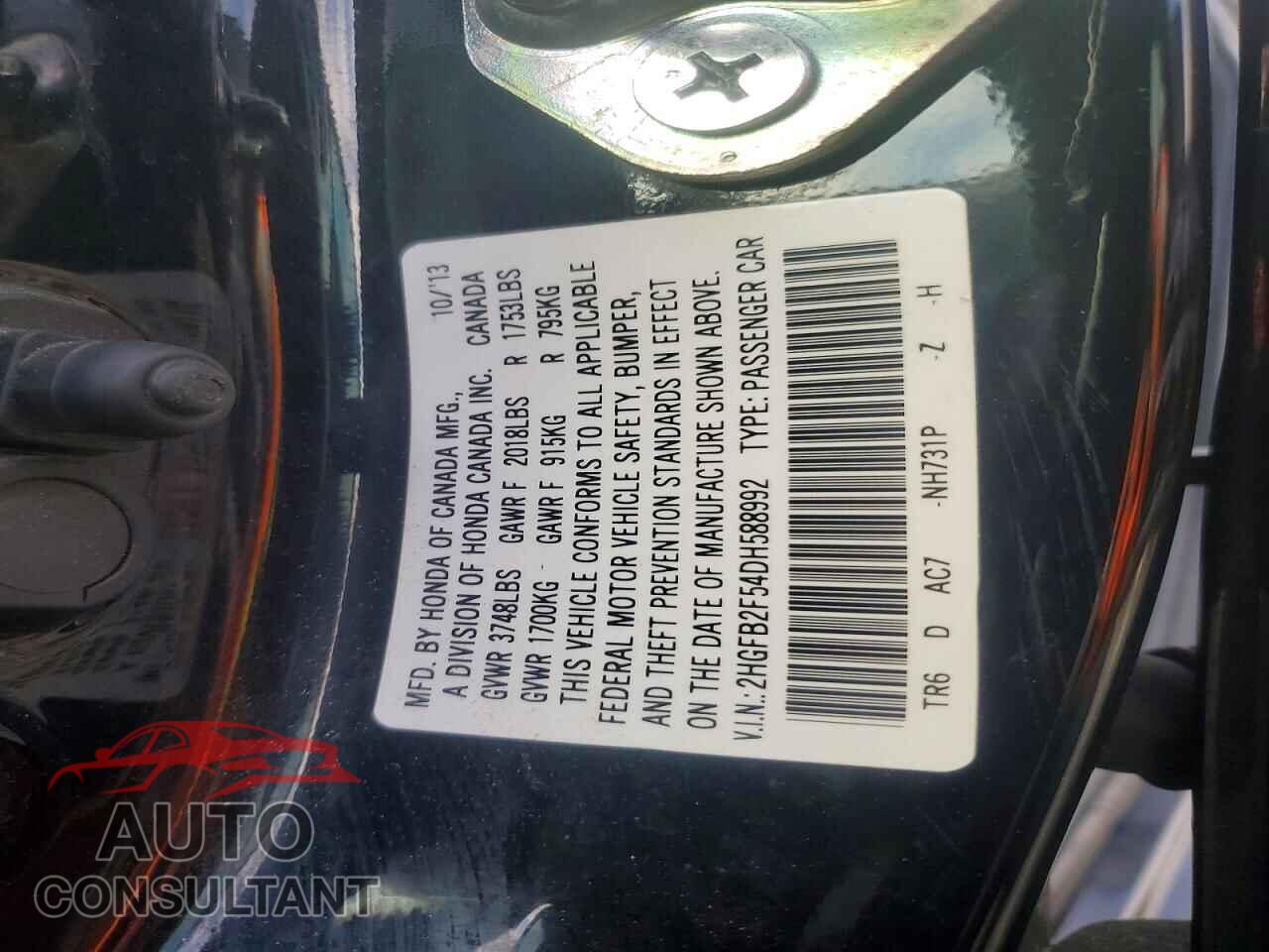 HONDA CIVIC 2013 - 2HGFB2F54DH588992