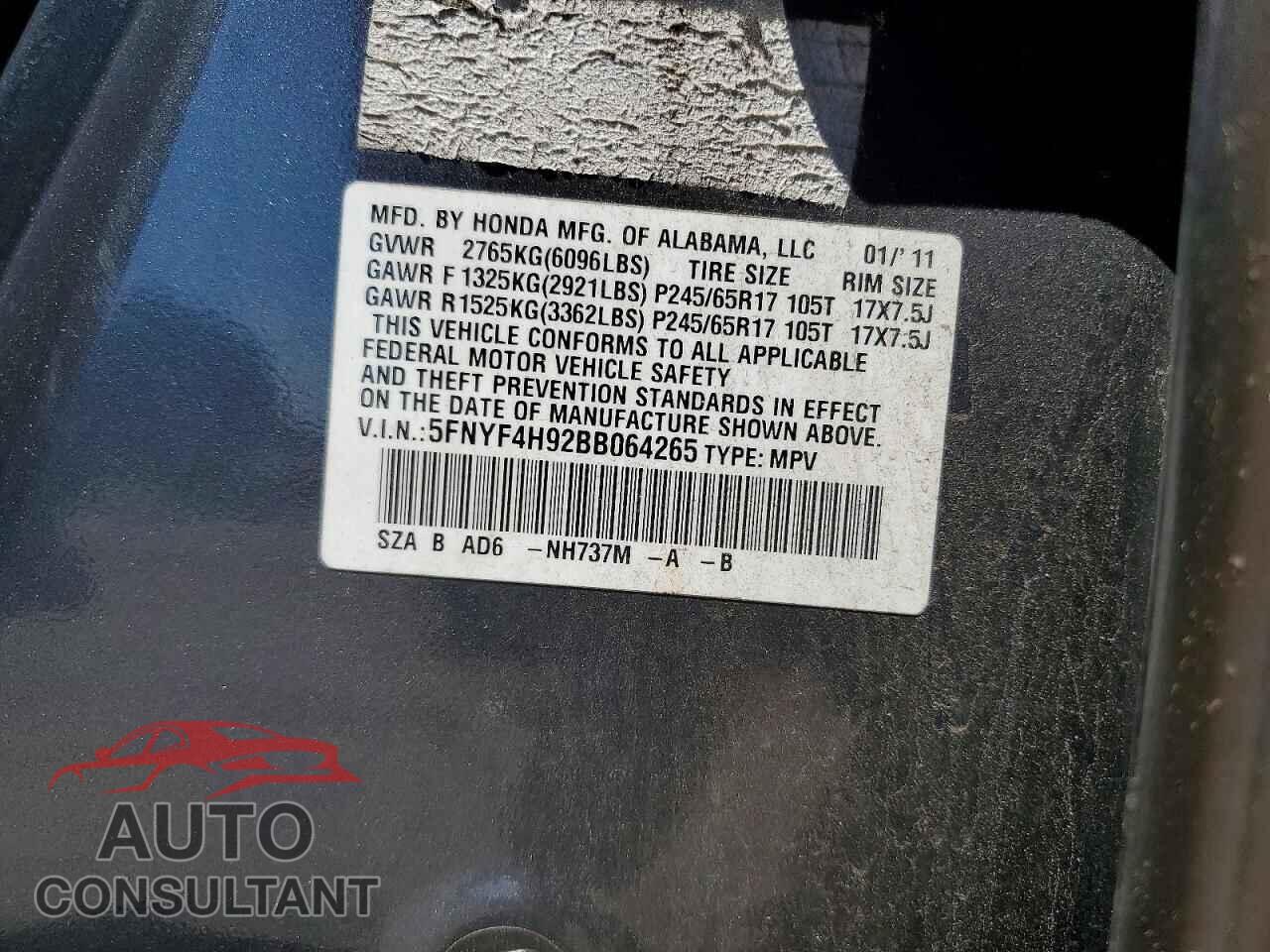 HONDA PILOT 2011 - 5FNYF4H92BB064265