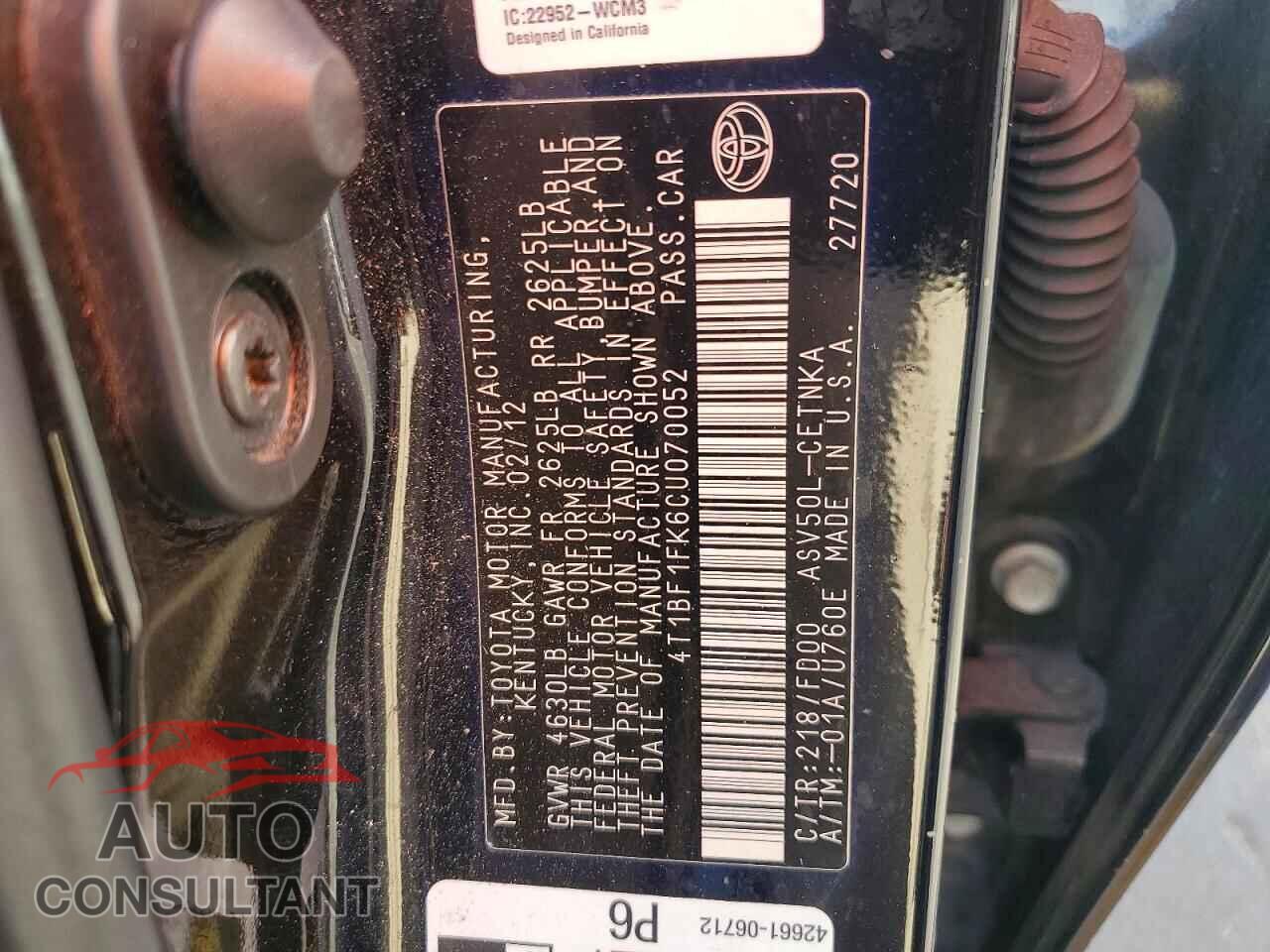 TOYOTA CAMRY 2012 - 4T1BF1FK6CU070052