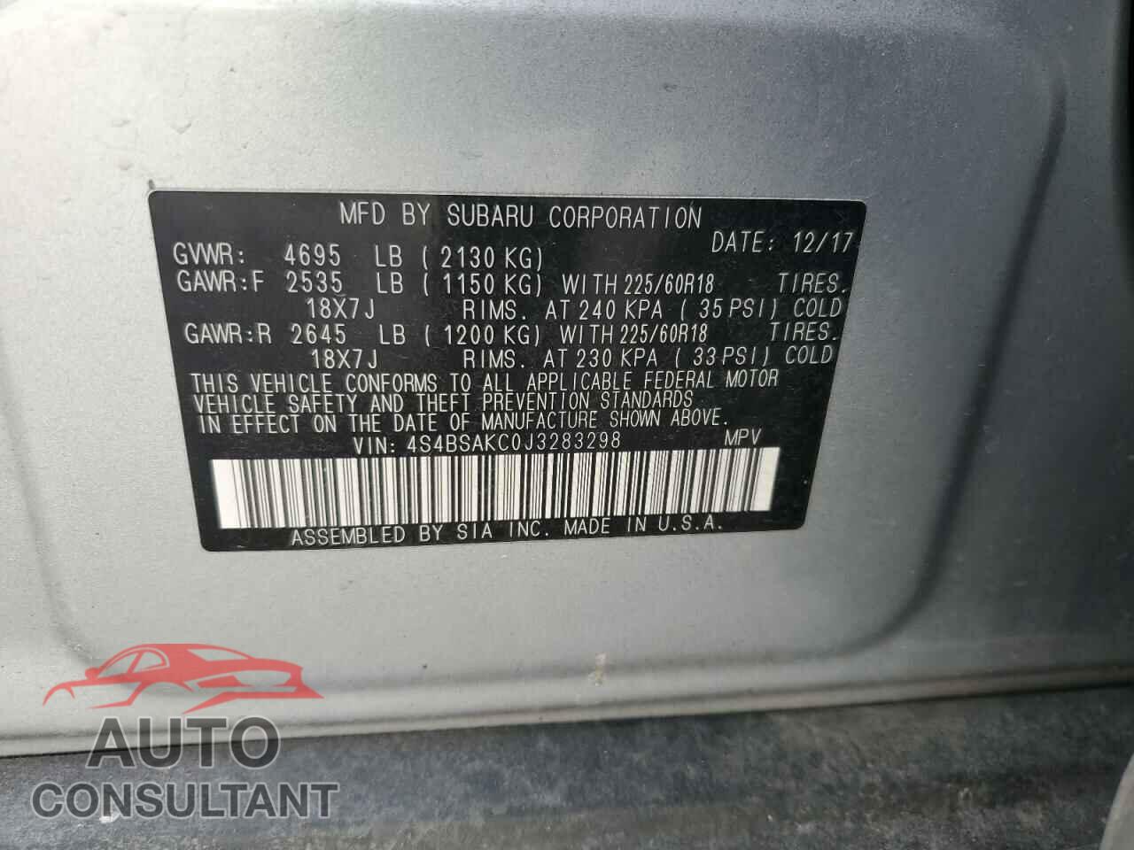 SUBARU OUTBACK 2018 - 4S4BSAKC0J3283298