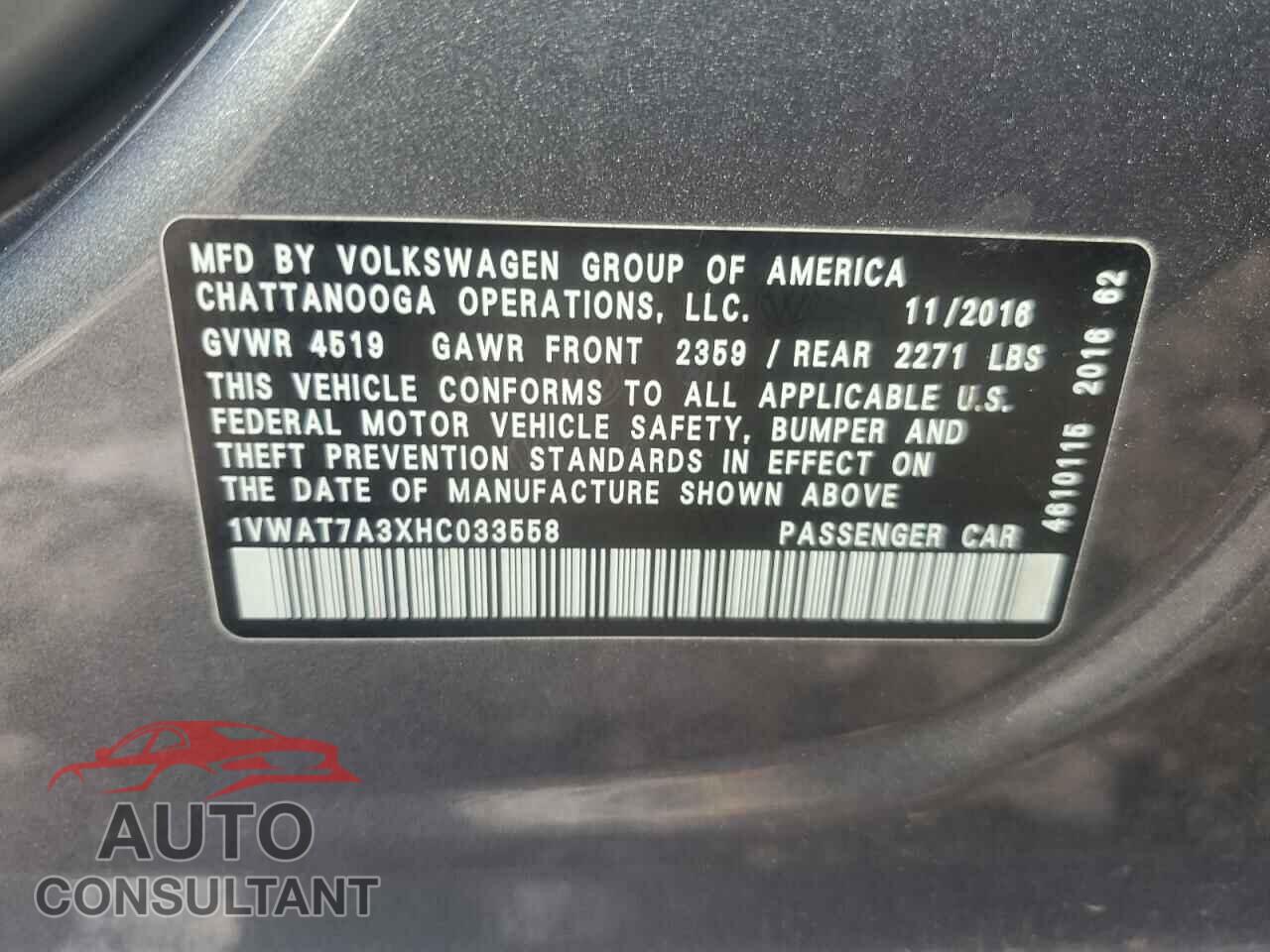 VOLKSWAGEN PASSAT 2017 - 1VWAT7A3XHC033558