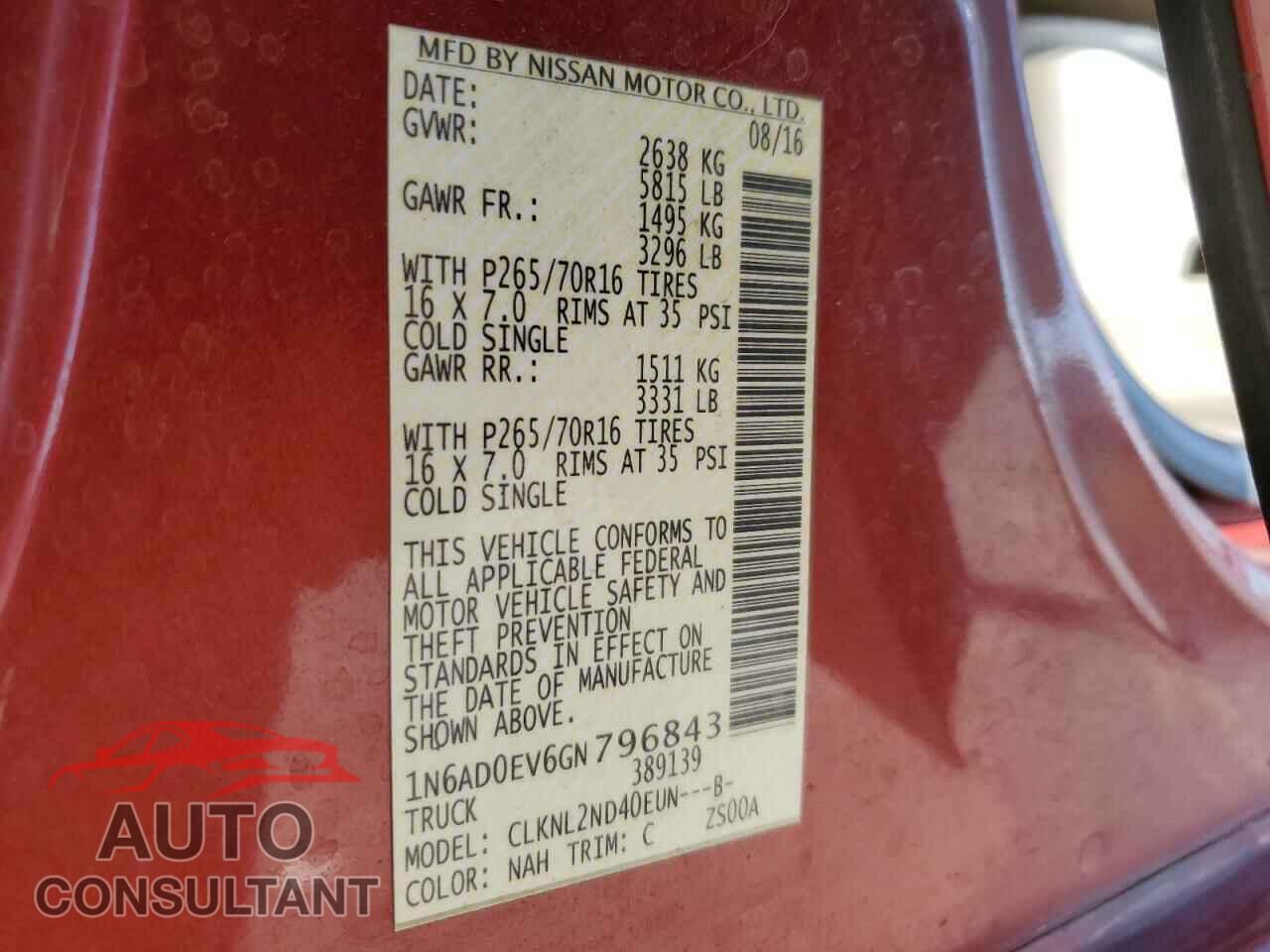 NISSAN FRONTIER 2016 - 1N6AD0EV6GN796843