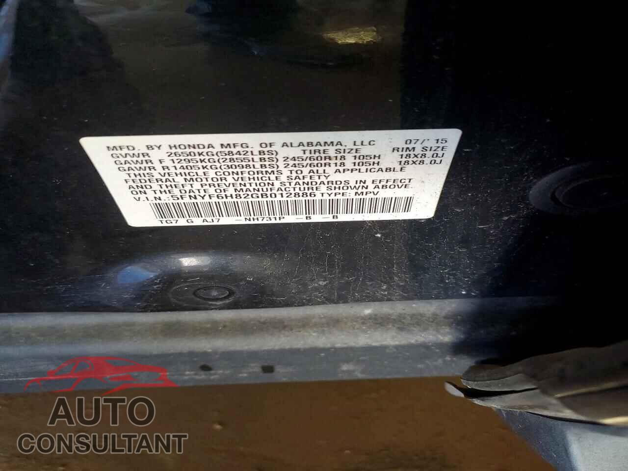 HONDA PILOT 2016 - 5FNYF6H82GB012886