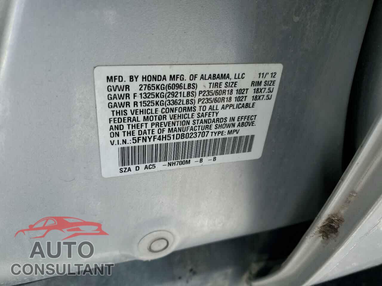 HONDA PILOT 2013 - 5FNYF4H51DB023707