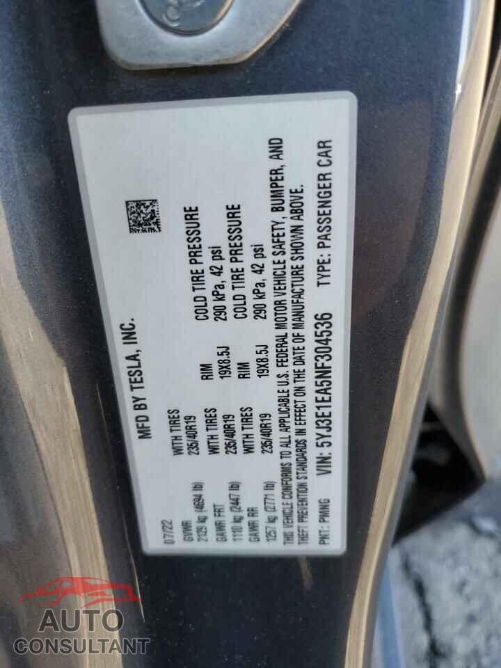 TESLA MODEL 3 2022 - 5YJ3E1EA5NF304536
