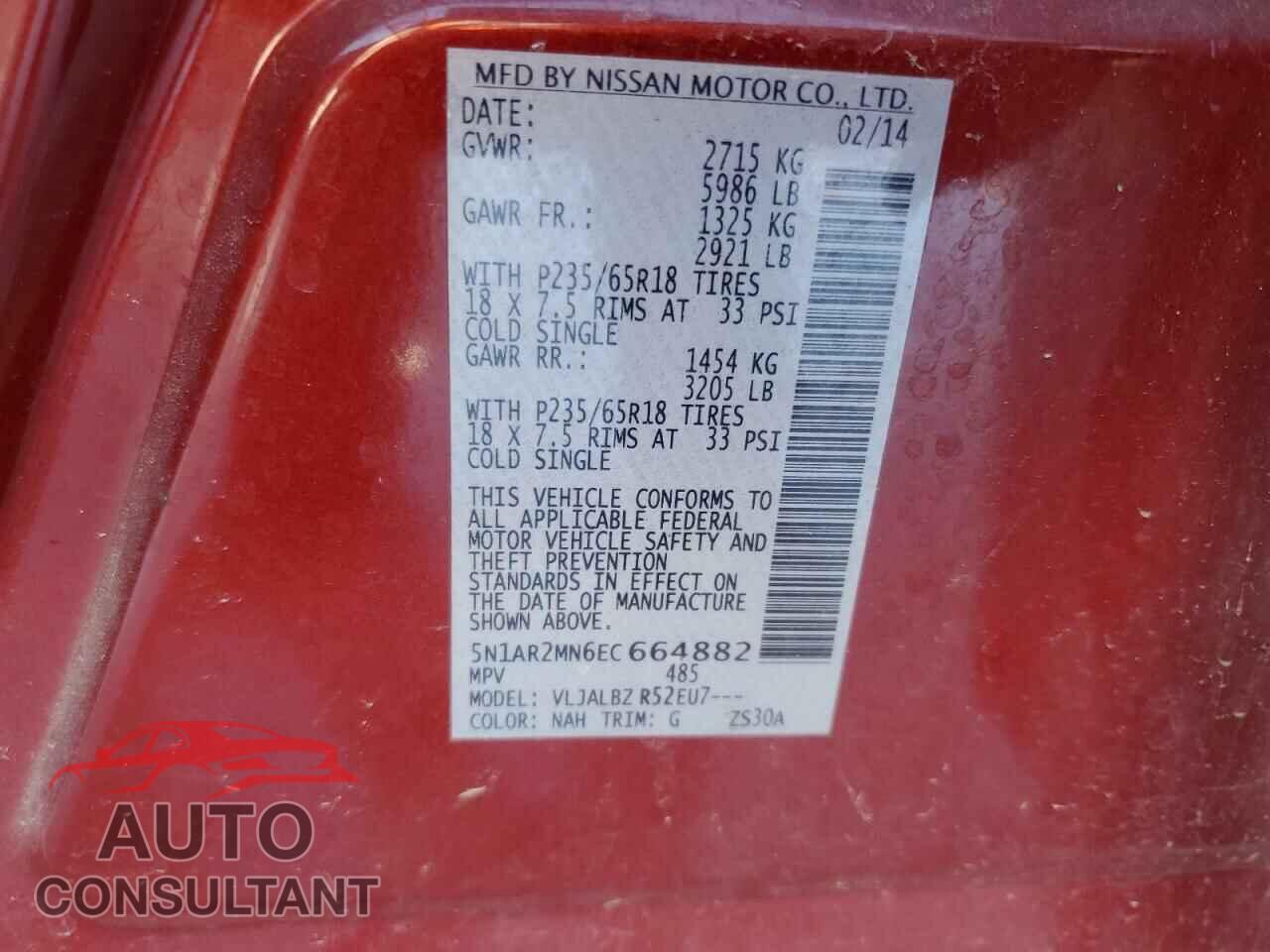 NISSAN PATHFINDER 2014 - 5N1AR2MN6EC664882