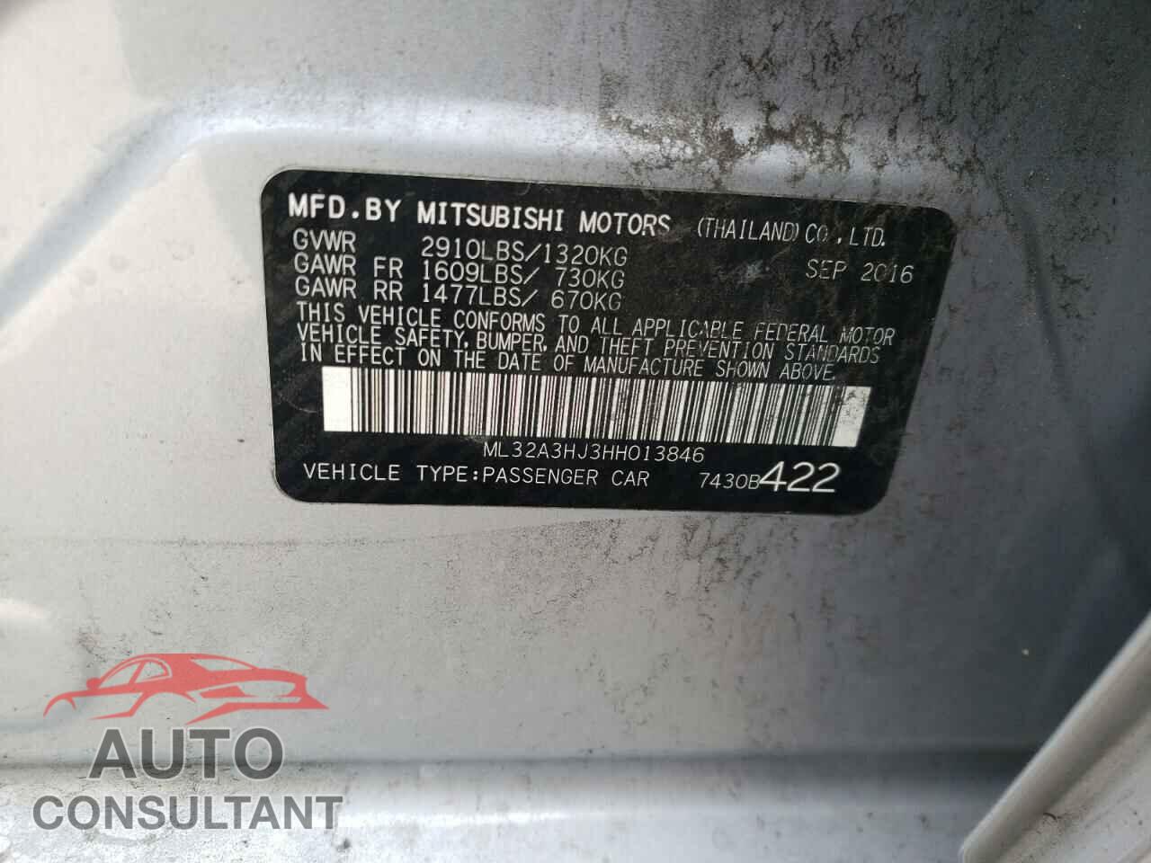 MITSUBISHI MIRAGE 2017 - ML32A3HJ3HH013846