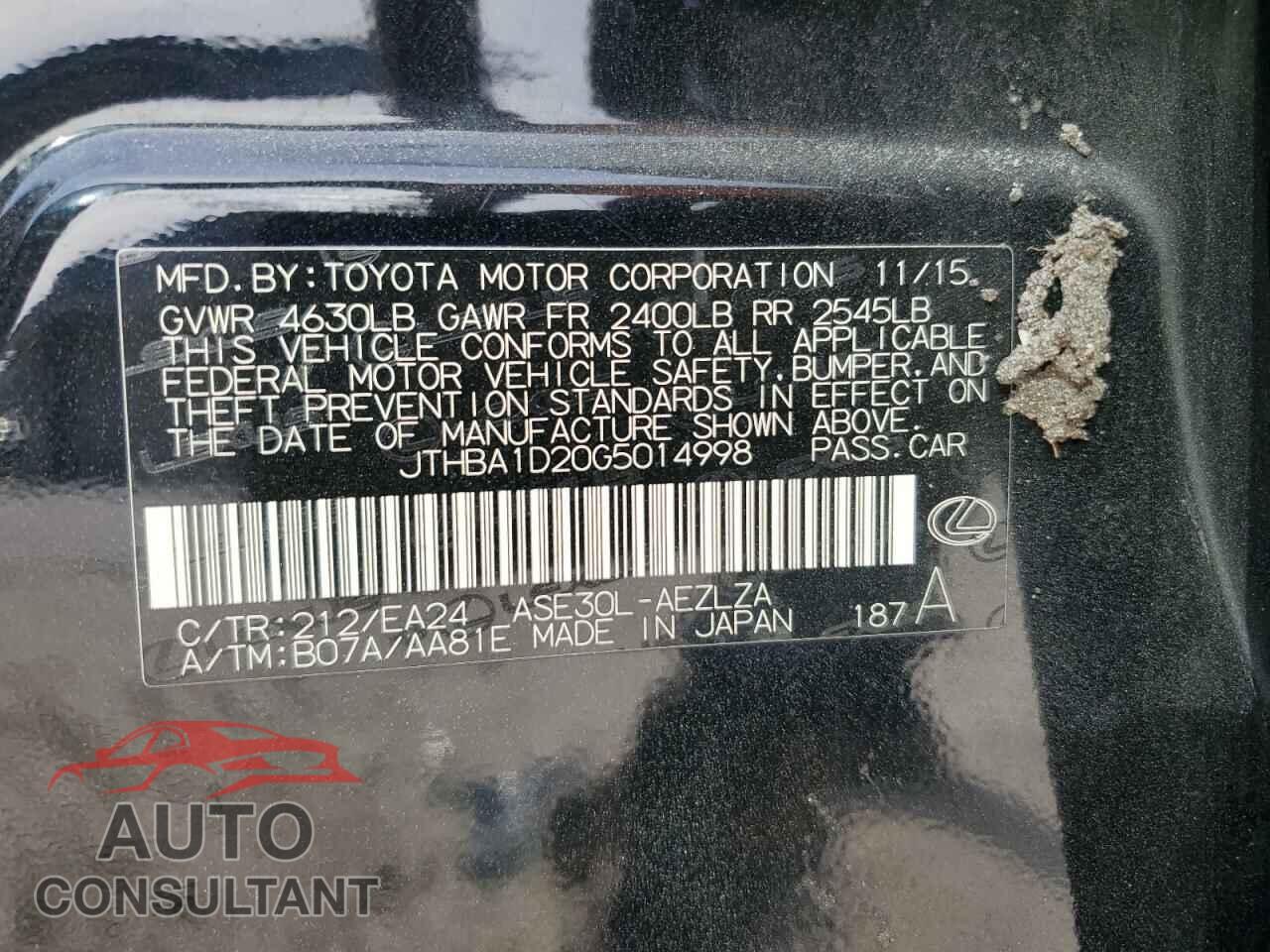 LEXUS IS 2016 - JTHBA1D20G5014998