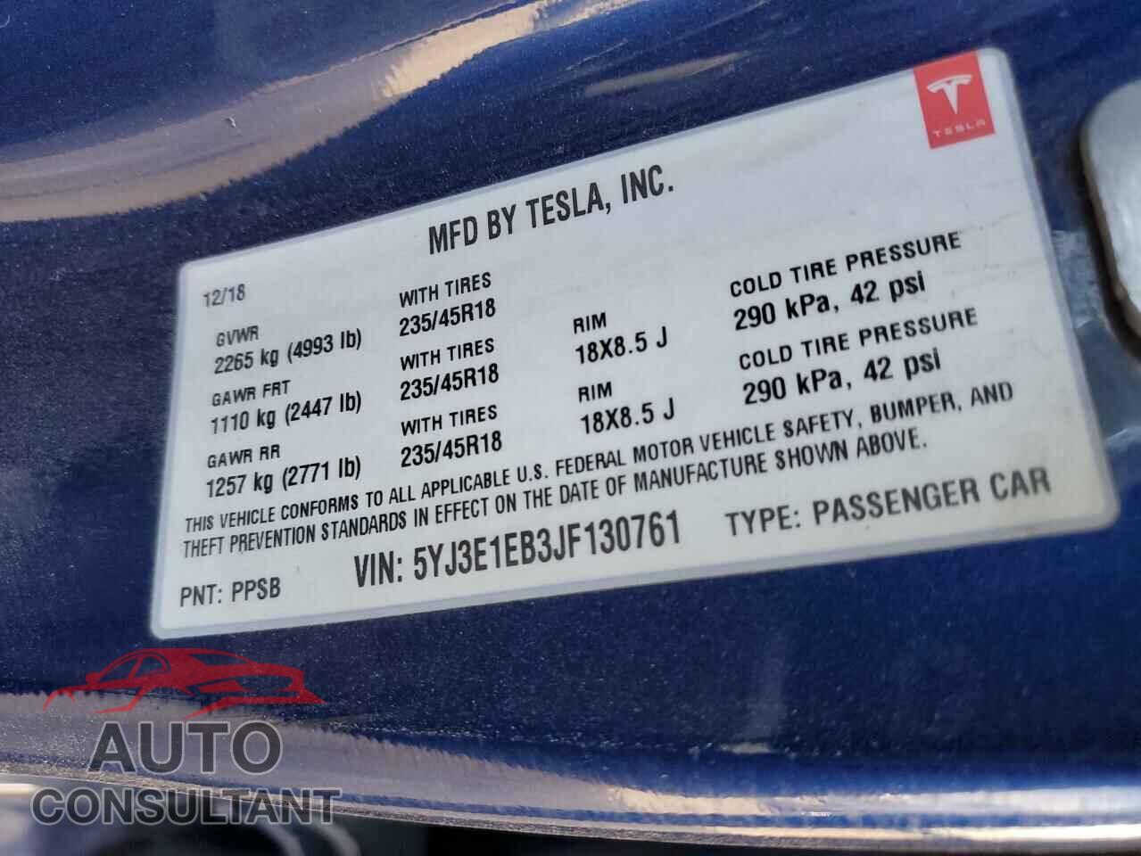 TESLA MODEL 3 2018 - 5YJ3E1EB3JF130761