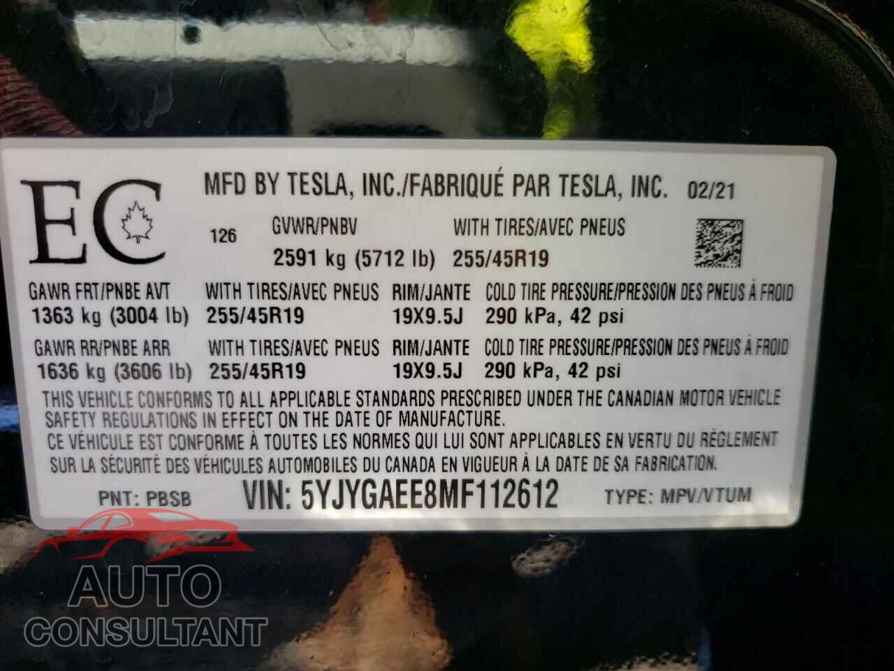 TESLA MODEL Y 2021 - 5YJYGAEE8MF112612