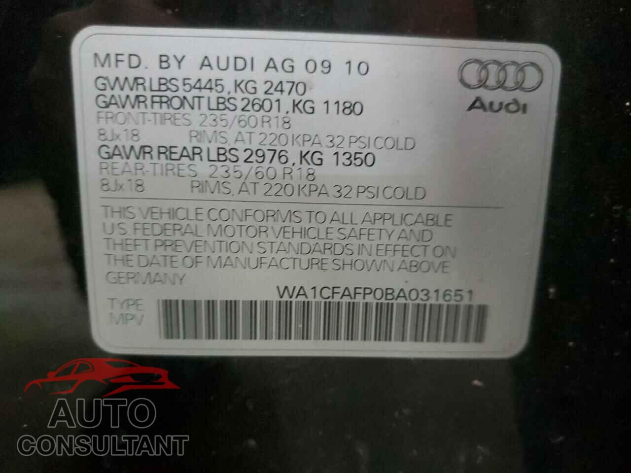 AUDI Q5 2011 - WA1CFAFP0BA031651