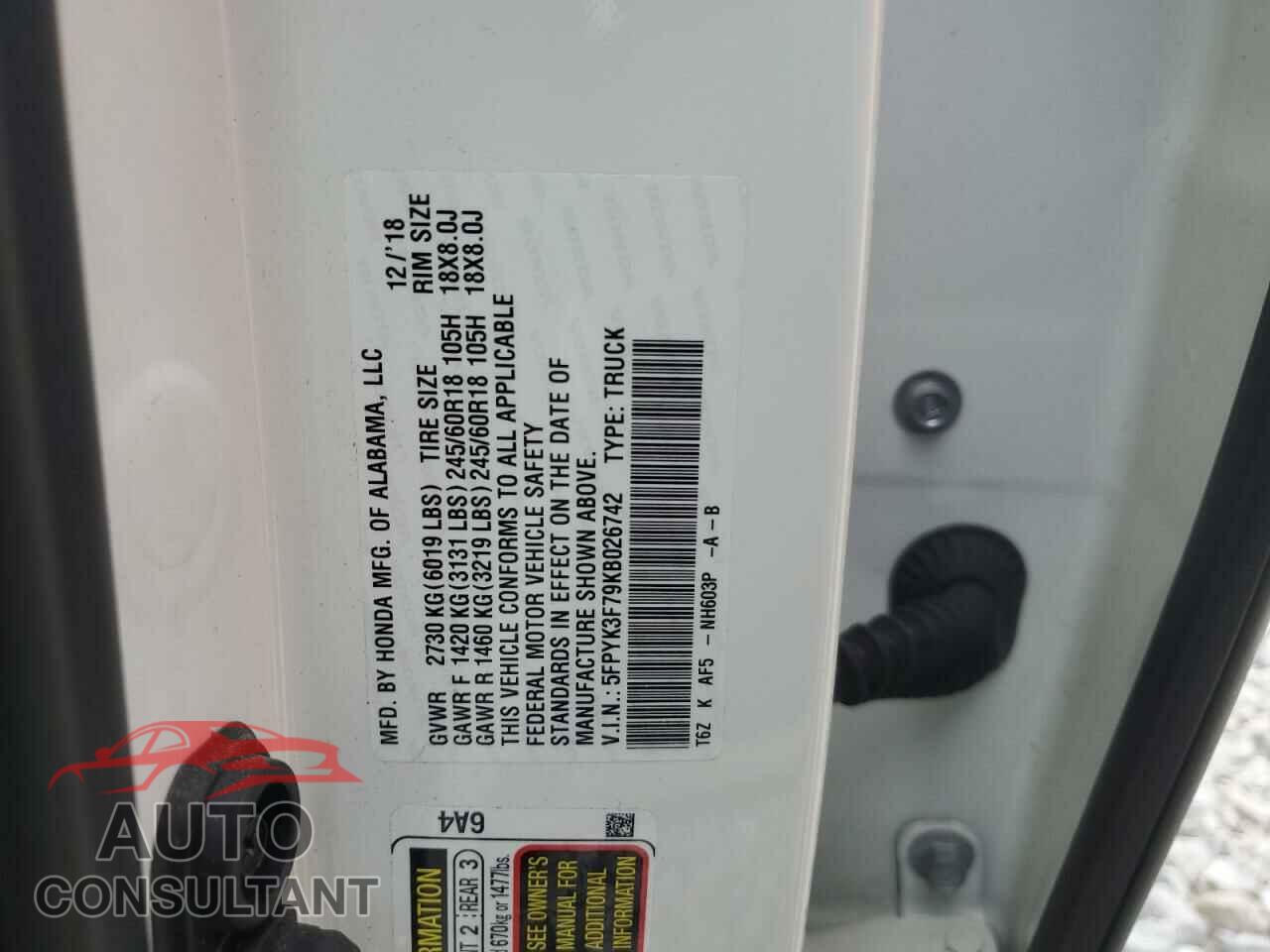 HONDA RIDGELINE 2019 - 5FPYK3F79KB026742