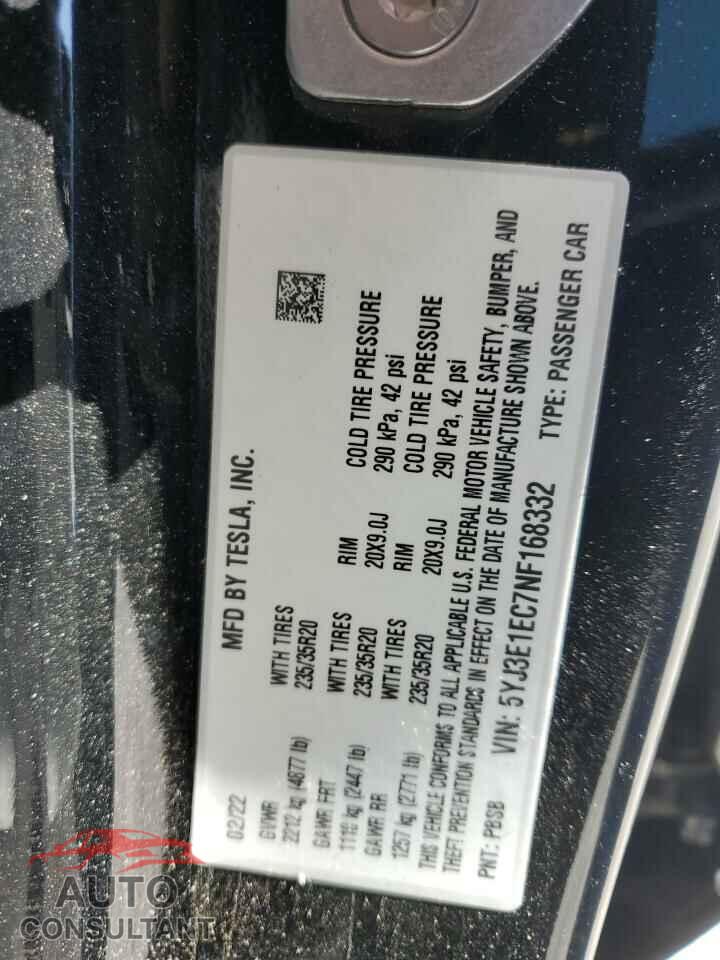 TESLA MODEL 3 2022 - 5YJ3E1EC7NF168332