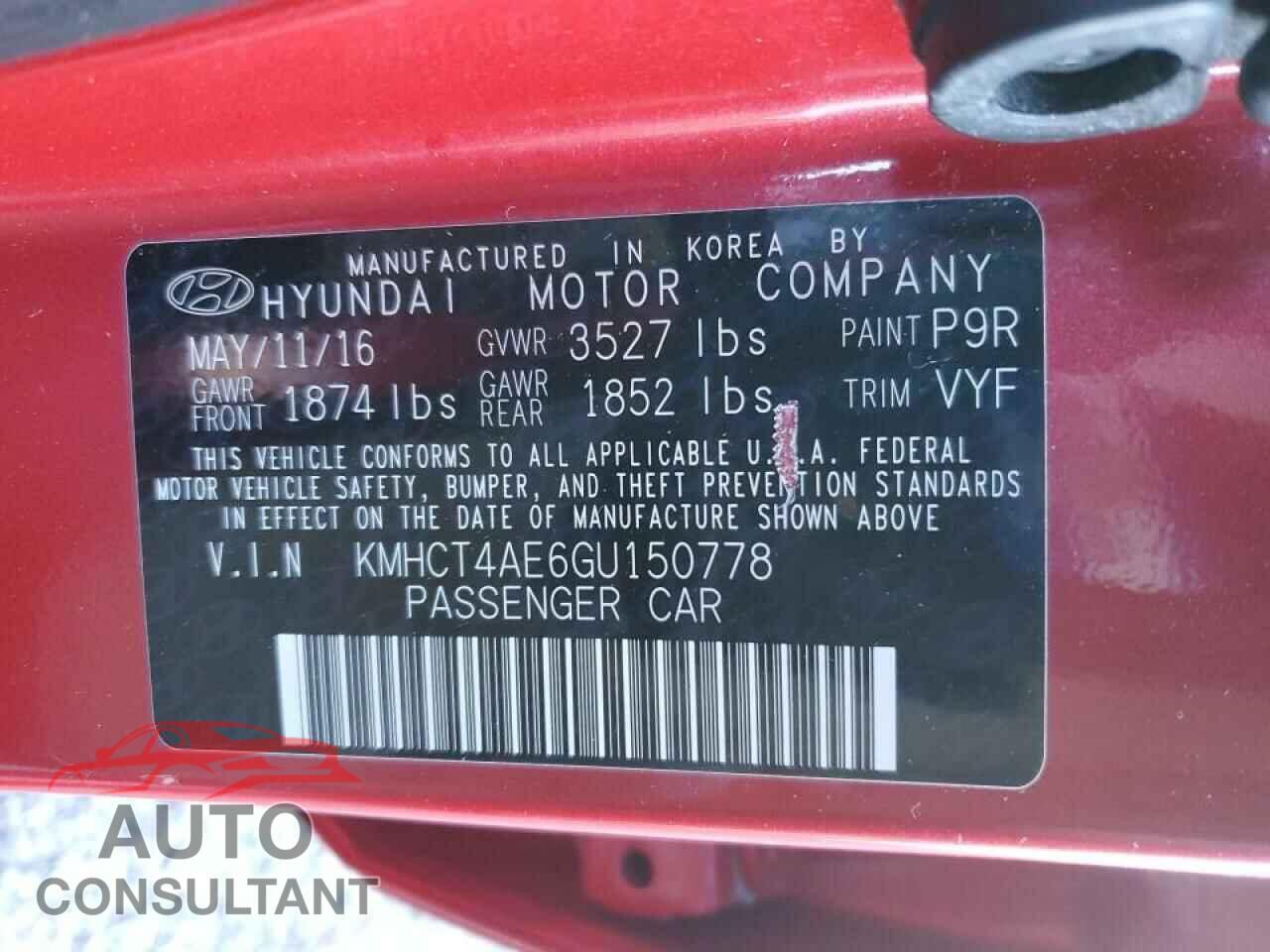 HYUNDAI ACCENT 2016 - KMHCT4AE6GU150778