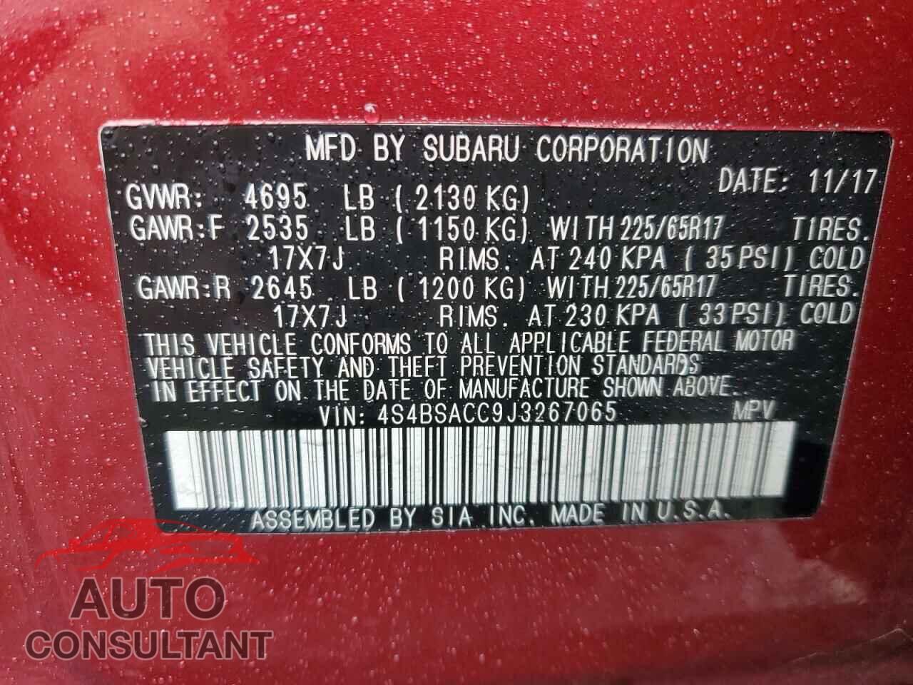 SUBARU OUTBACK 2018 - 4S4BSACC9J3267065