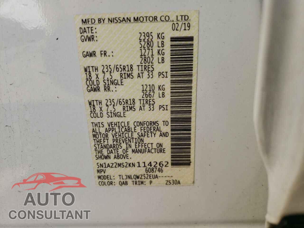 NISSAN MURANO 2019 - 5N1AZ2MS2KN114262