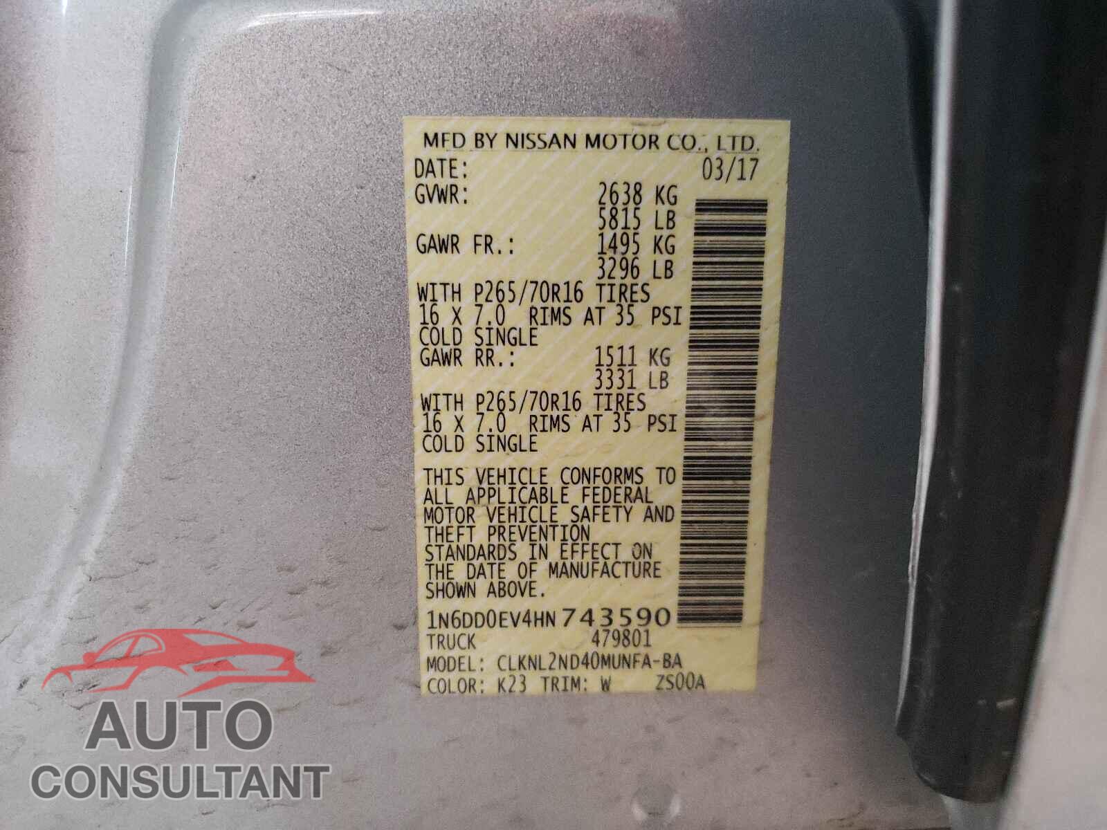 NISSAN FRONTIER 2017 - 1N6DD0EV4HN743590