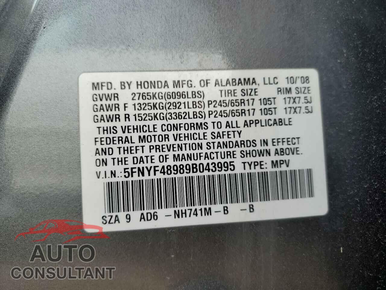 HONDA PILOT 2009 - 5FNYF48989B043995