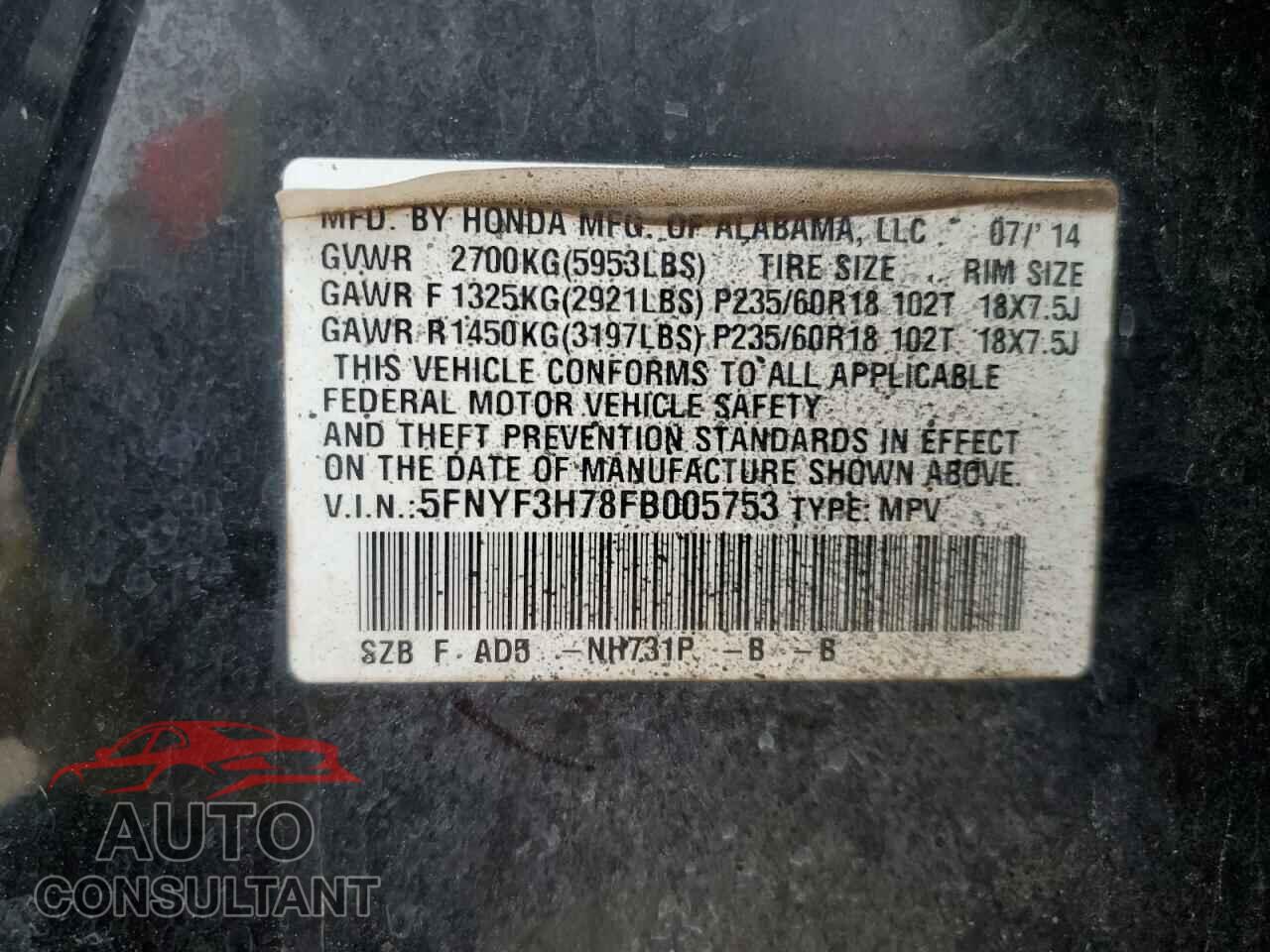 HONDA PILOT 2015 - 5FNYF3H78FB005753