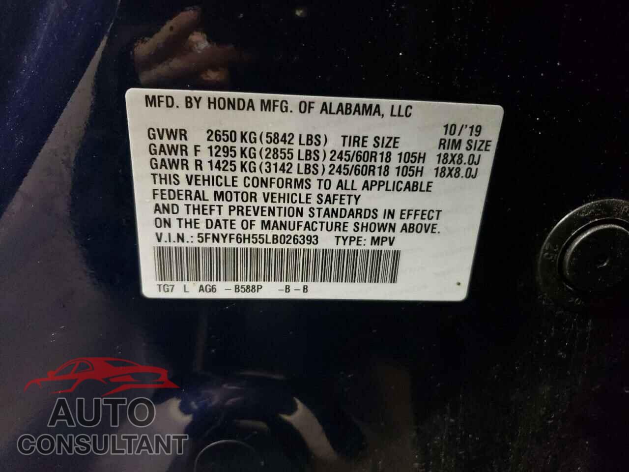 HONDA PILOT 2020 - 5FNYF6H55LB026393